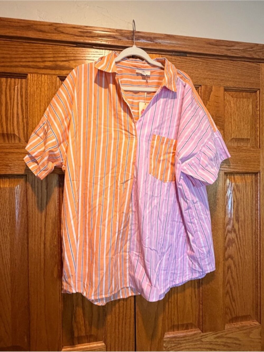 entro Two-Tone Striped Short-Sleeve Button-Down Shirt - Orange & Pink